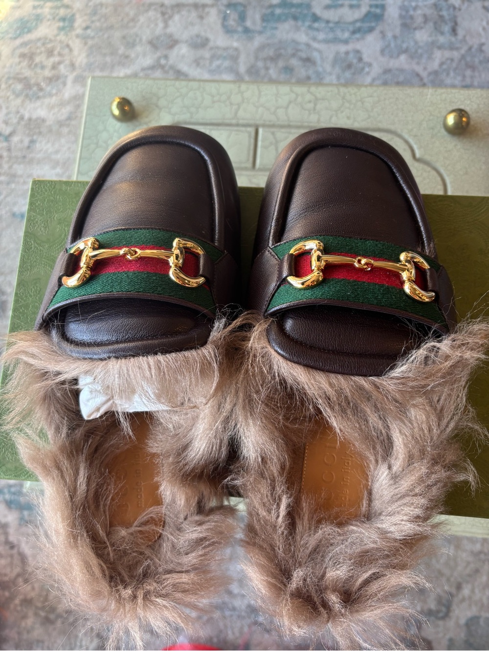 Gucci Brown Leather Fur-Lined Slippers with Green & Red Web